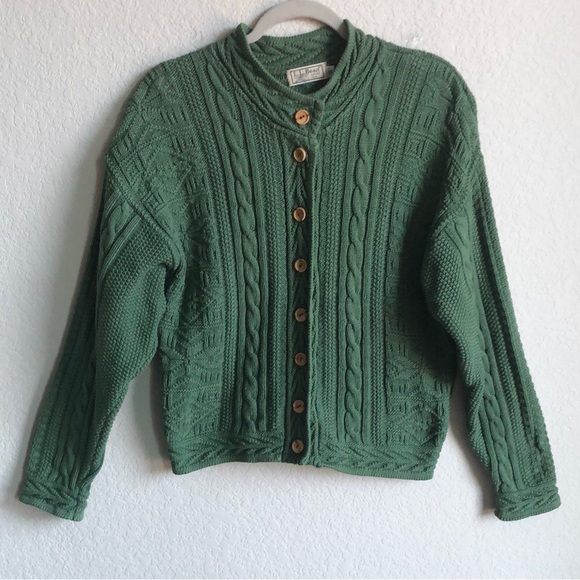 L.L. Bean Sweaters - LL Bean Vintage Womens Cable Knit Cotton Button Front Cardigan Sweater Green